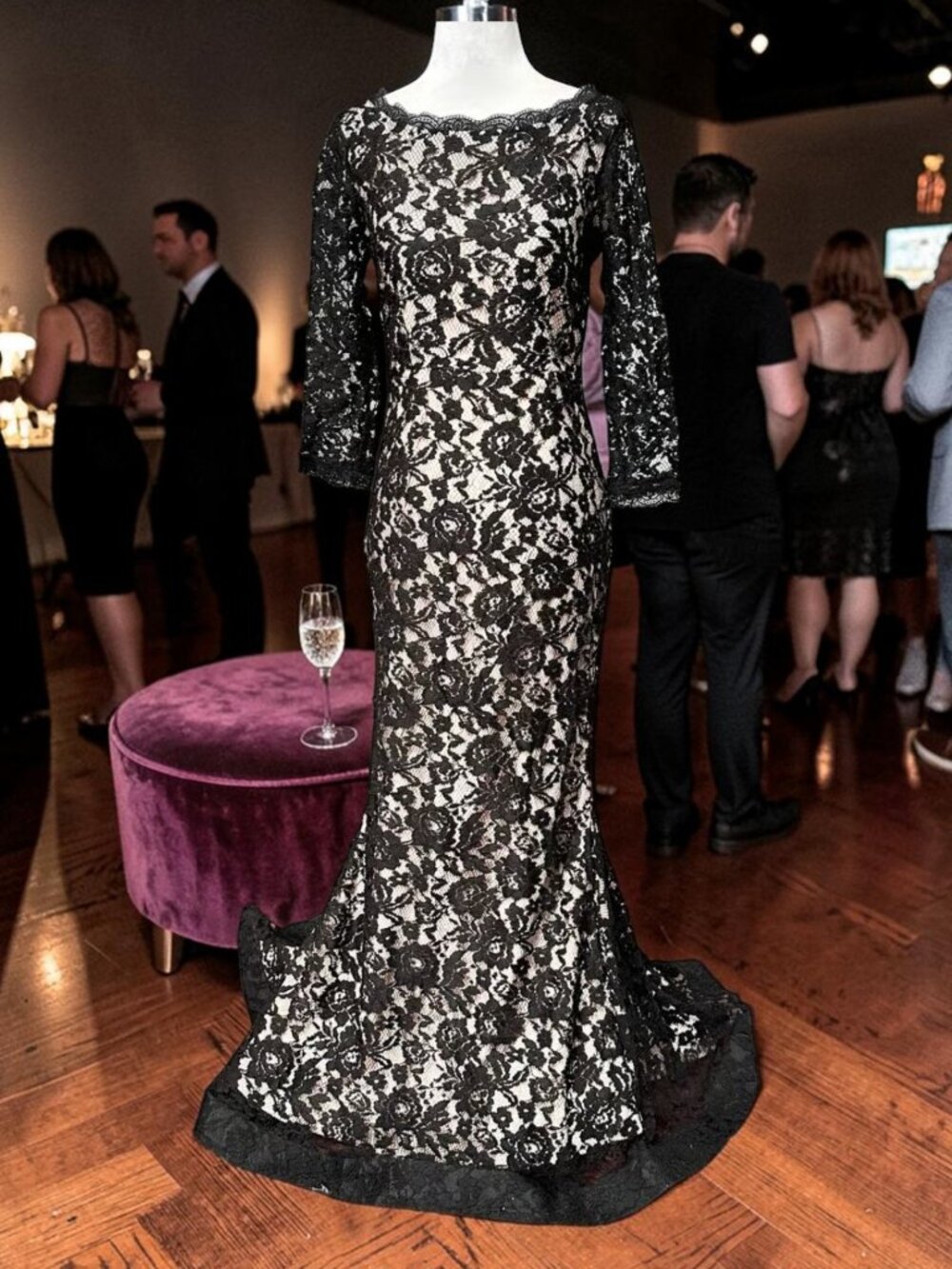 2000s Y2K Venus Couture Black Lace Long Sleeve Higher Neck Gown Dress Mermaid